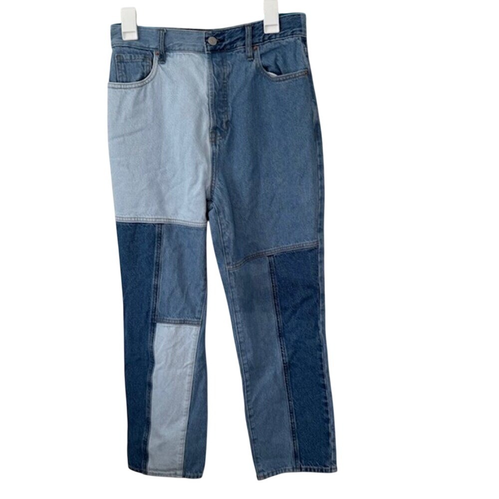PacSun High Rise Straight Patchwork Jeans Blue Colorblock Button Fly Size 28